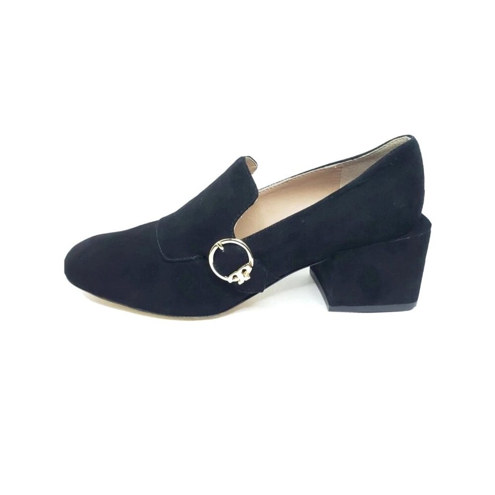 Tory Burch Tess Loafers Block Heel Black Suede Leather Womens Size US 7M